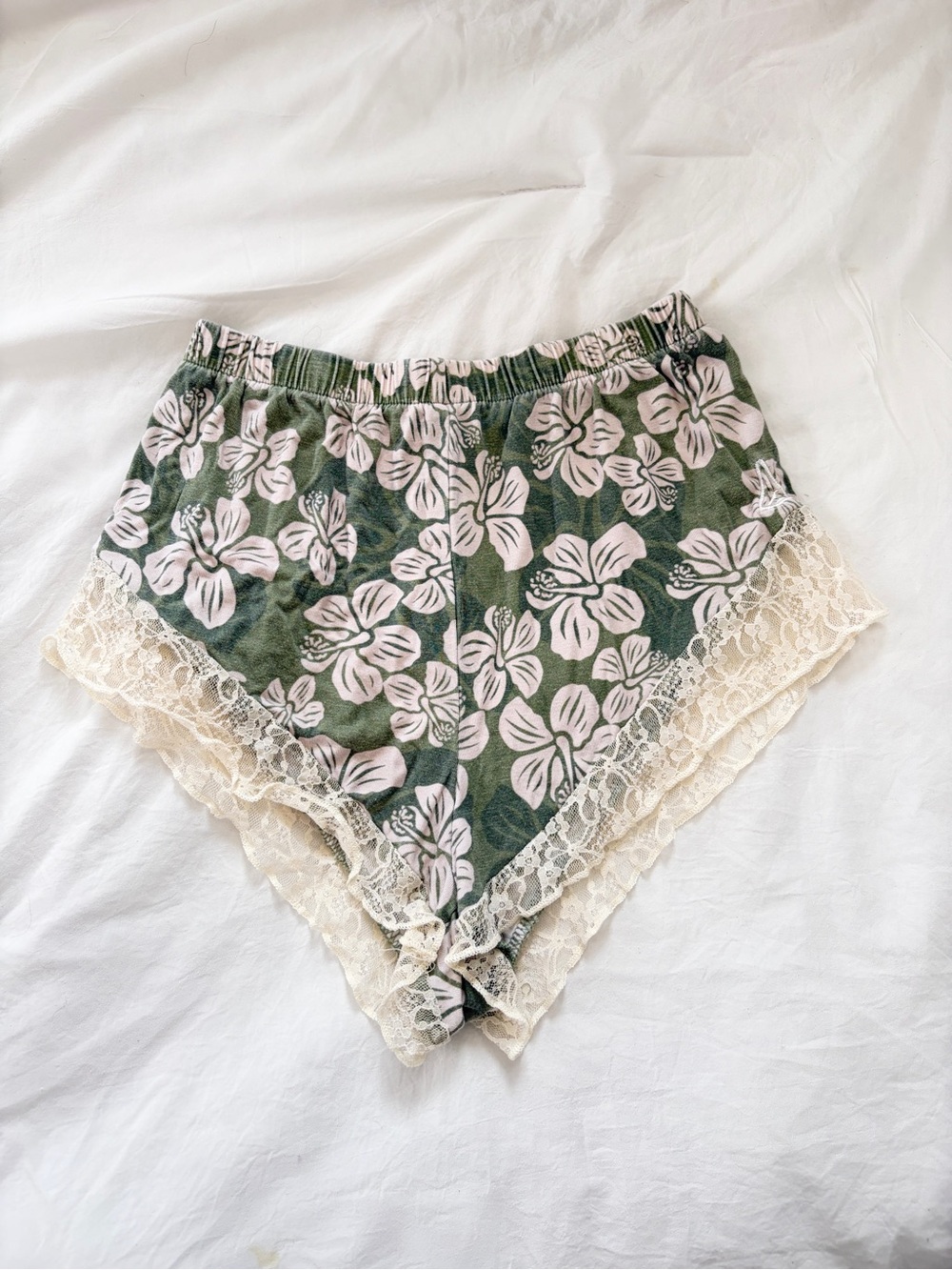 Green Hibiscus Floral Shorts with Cream Lace Trim